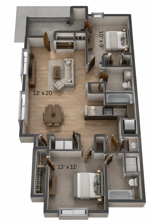 Floor plan for 2 beds, 2 baths, 900 sqft